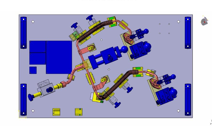 3D-Konstruktionsmodell einer Montage- und Prüflehre für zwei Rohrleitungen mit Aufnahmen, Spannern und Prüfstiften, CAD-IS Karben