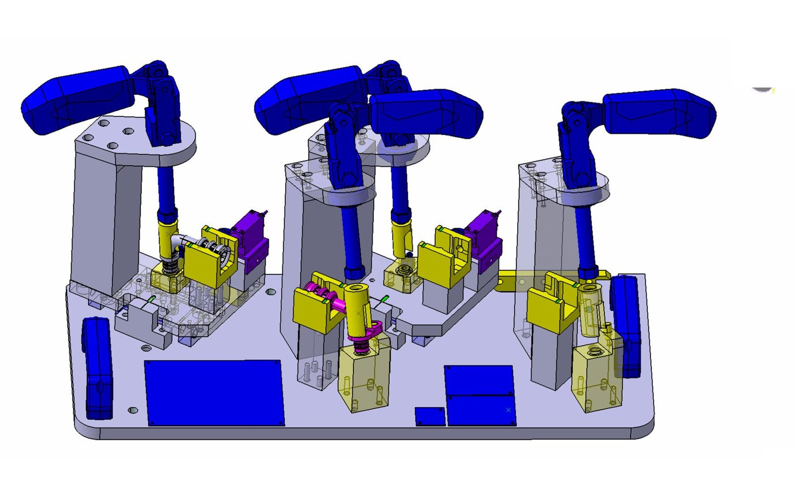 3D design model of a three-station pressure test fixture with toggle clamps and sealing adapters, CAD-IS Germany
