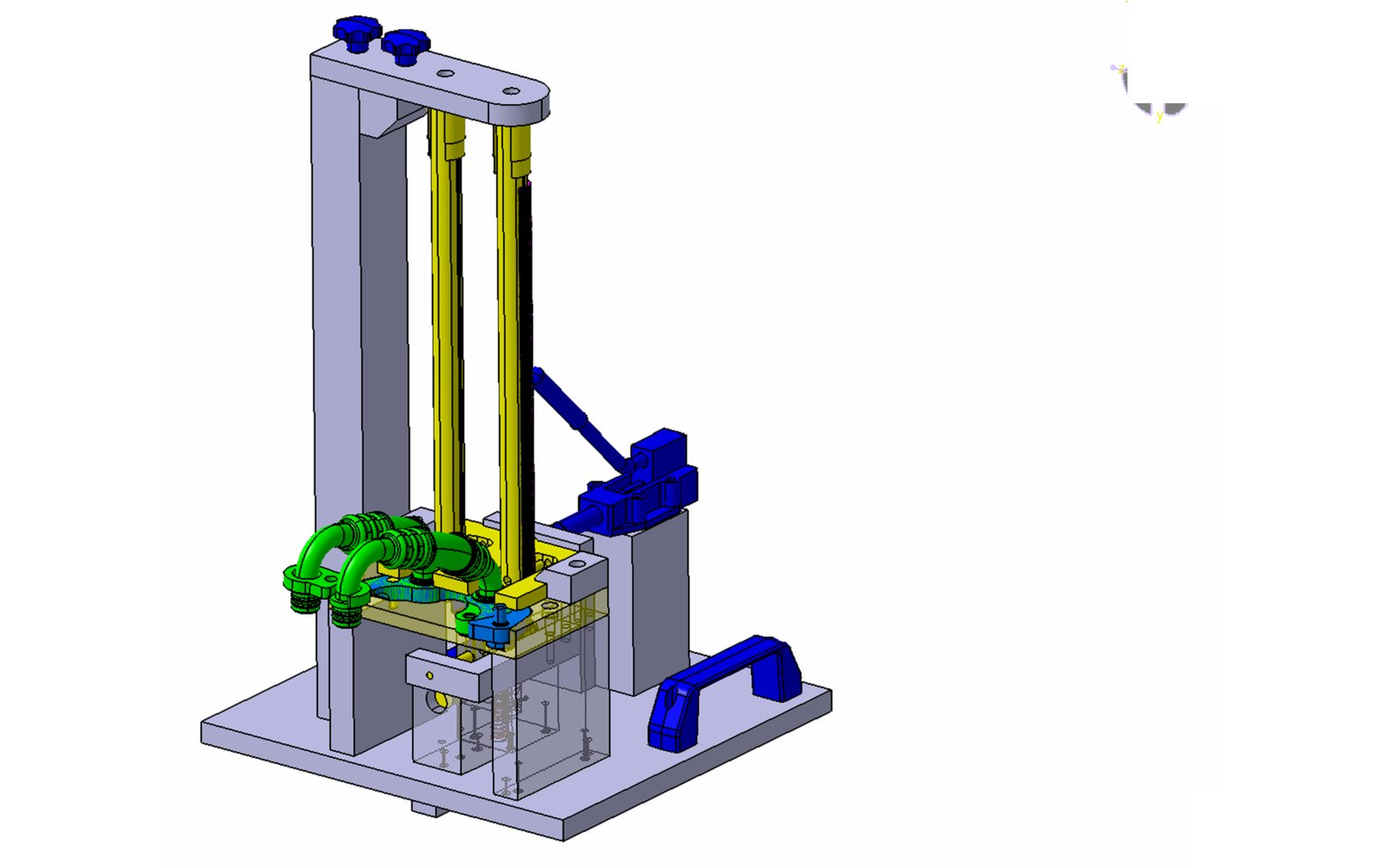 3D design model of an assembly fixture with guide columns, nest and clamp, CAD-IS